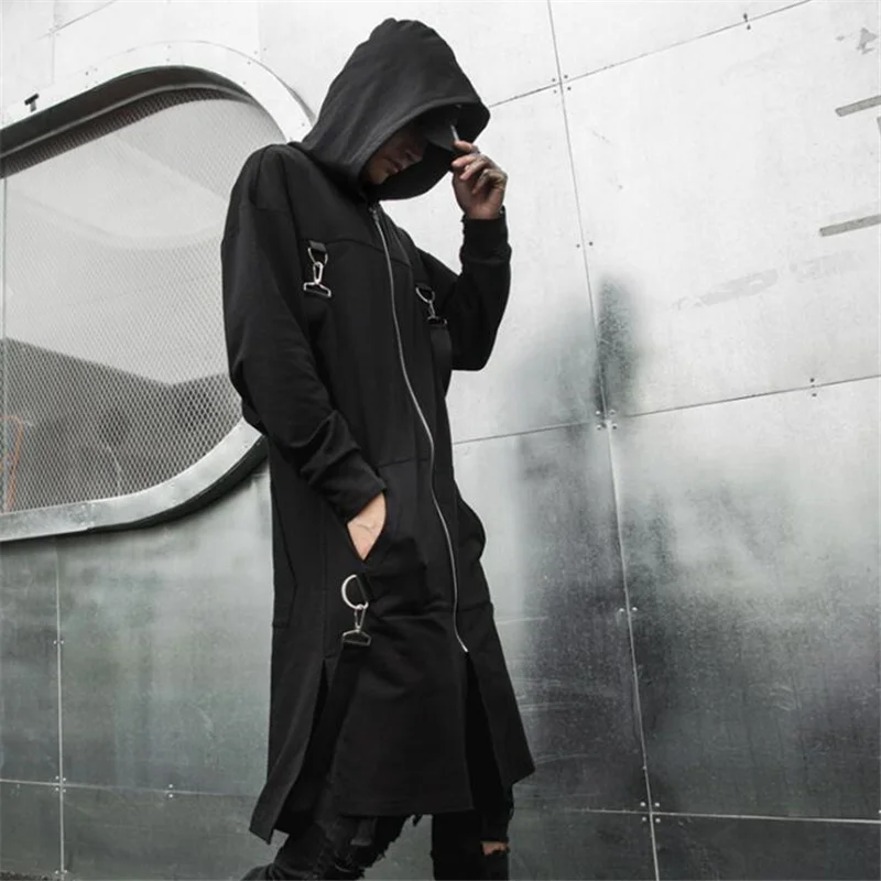 Nightclub DJ singer punk rock hooded trench coat ribbons long jacket stage costume men vintage zipper cloak gothic style cape
