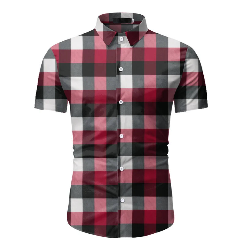 Red Plaid Shirt Men Summer Brand Classic Short Sleeve Dress Shirt Casual Button Down Office Workwear Chemise Homme M-3XL