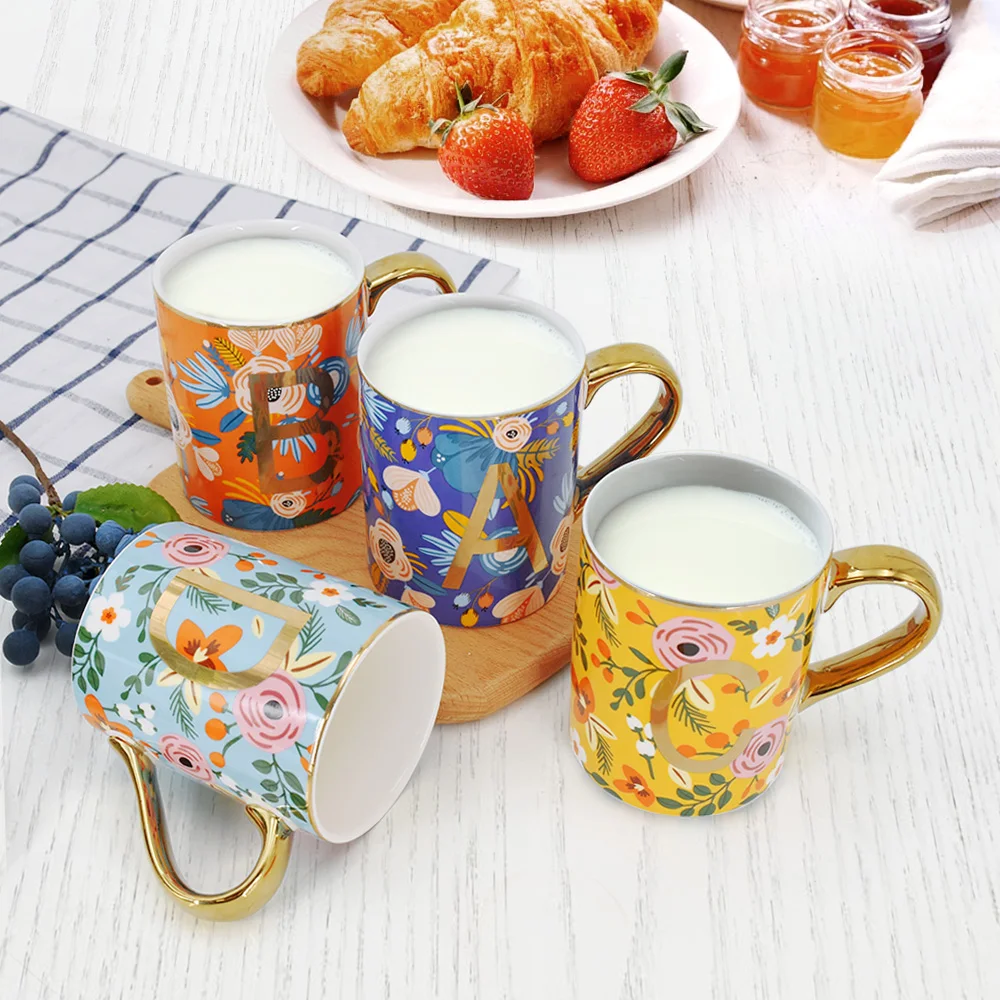 

AIXZ 4pcs Ceramic Mug Vintage Letter Print Flower Pattern Mug Coffee Milk Tea Cup Set Home Office Decoration Birthday Gift 12oz