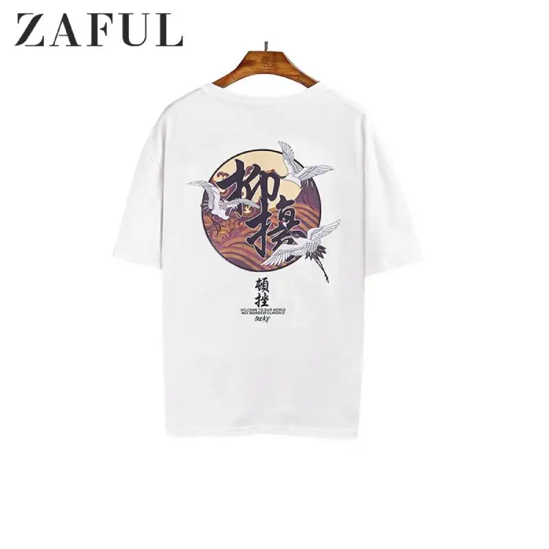 ZAFUL Китайский Персонаж журавль принт T Shir Будда журавль печатных футболки мужские хип хоп повседневные топы летние Harajuku уличная одежда