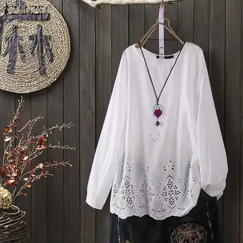 

Plus Size Fashion Hollow Tops Women's Spring Blouse ZANZEA Casual Long Sleeve Shirt Female O Neck Solid Blusas Lace Tops Tunic