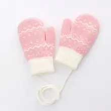 Детские зимние вязаные перчатки с длинными пальцами для девочек, толстые теплые рукавицы с завязками на шее