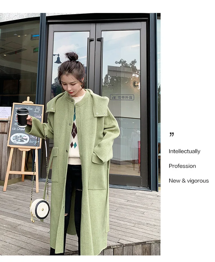 Acz19 Winter Hat Removable Shoulder Green Woolen Jacket Korean-style Loose And Plus-sized Hooded Long Woolen Overcoat