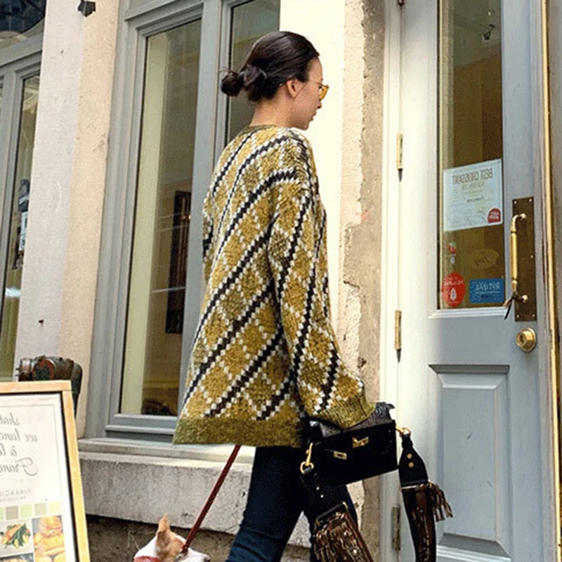 TWOTWINSTYLE вязаный клетчатый женский свитер с круглым вырезом и длинным рукавом элегантные пуловеры женские осень негабаритных модная новая одежда