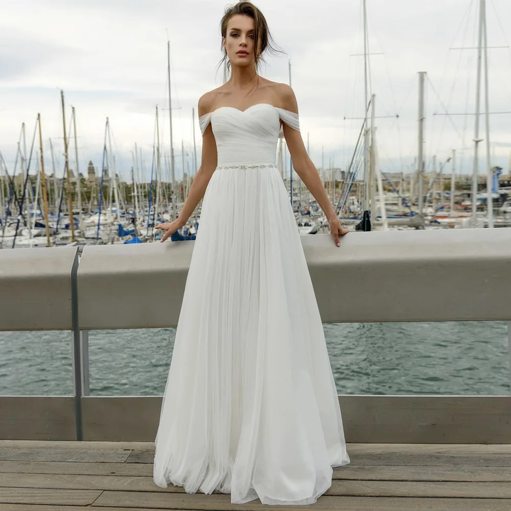 

Simple A Line Beah Wedding Dress for Bride Off The Shoulder Sweetheart Ruched Pleats Beading Belt Tulle Marriage Bridal Gowns