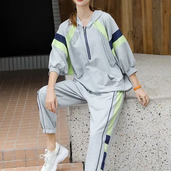

Two Piece Sets Casual Sports Suit Women 2020 Spring Autumn Simple Loose Bat Sleeve Hooded Suits Thin Two-piece Suit Street