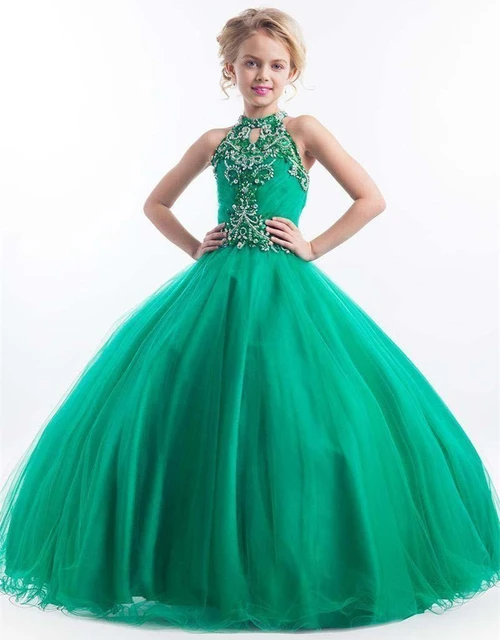 Vestido de desfile verde esmeralda con cuello Halter Sexy para niña, de baile con lentejuelas con cuentas, sin mangas, de para niños, de flores para niña _ -