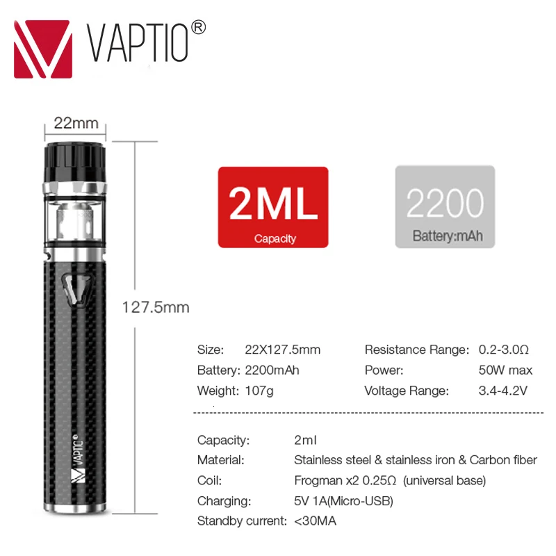Vape испаритель ручка 2200 мАч Vaptio SOLO F2 комплект мод 50 Вт катушка 0 25 Ом двухъядерный