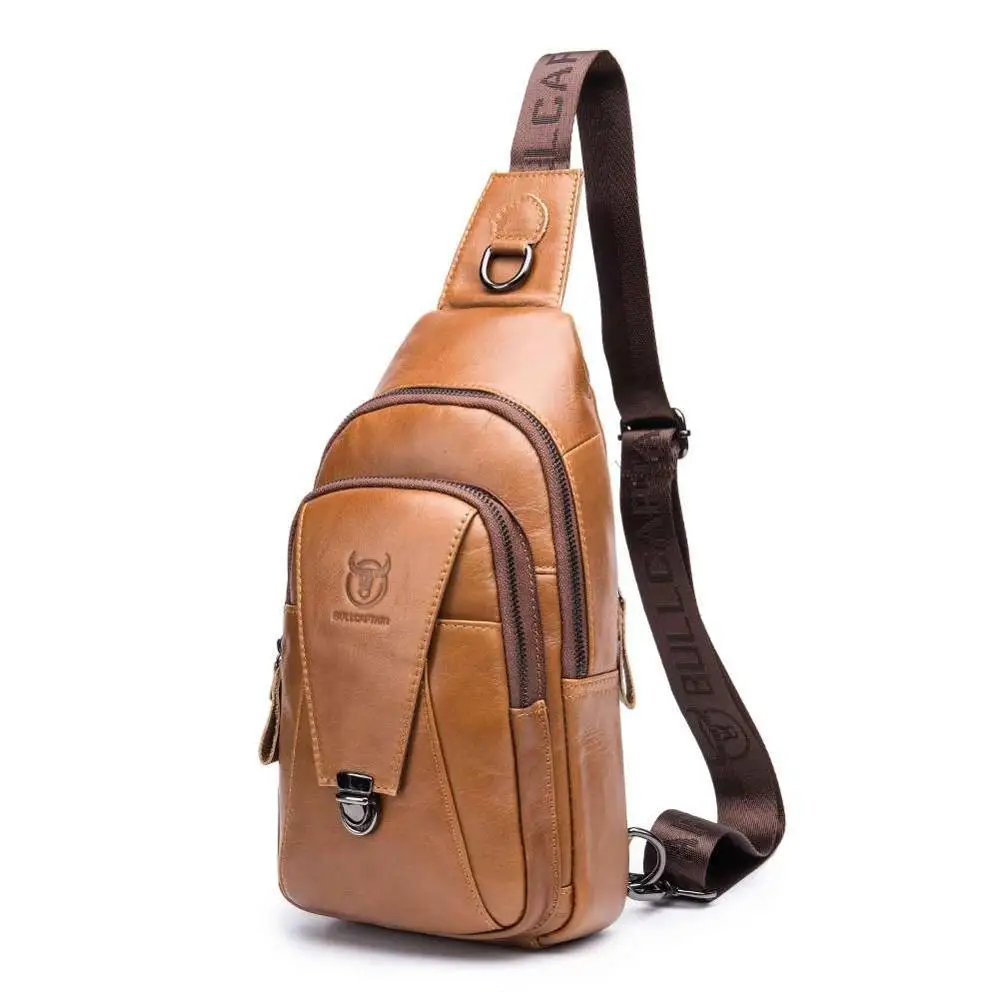 BULLCAPTAIN Casual Men Shoulder Chest Belt Packs Leather Waist Sports Bags Body Messenger Casual Shoulder Pouch Purse - Color: Light Brown