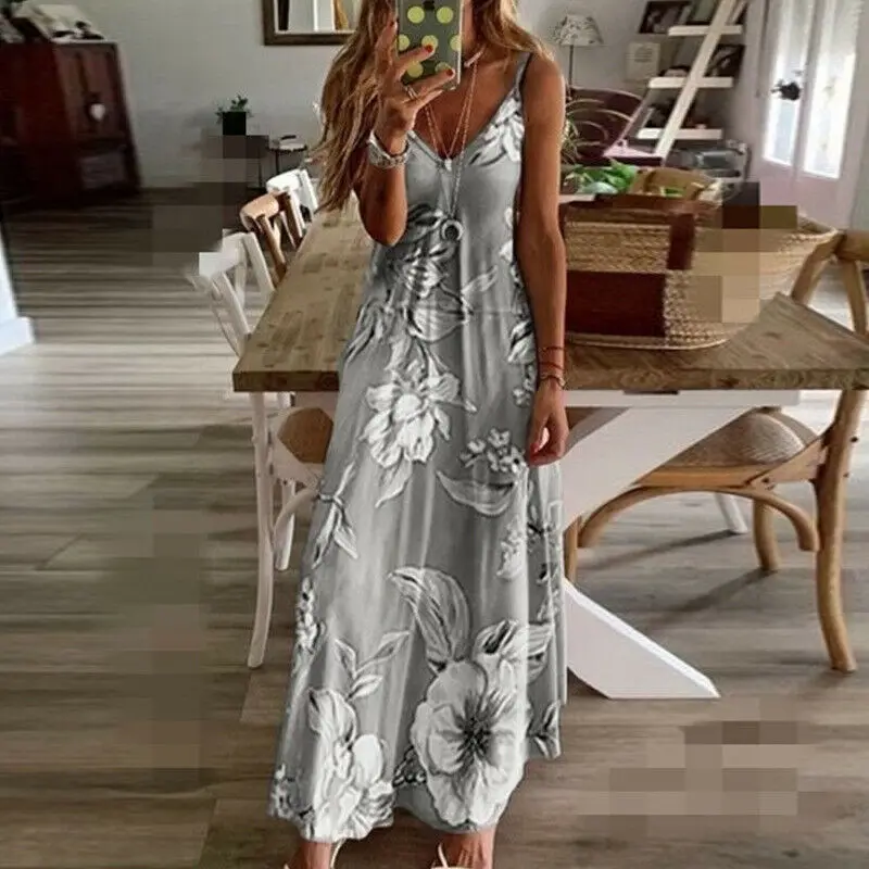 Women Plus Size Long Dresses Sexy V-neck Sleeveless Loose Casual Dress Lady Summer Boho Floral Print Maxi Vestido Beach Sundress | Женская