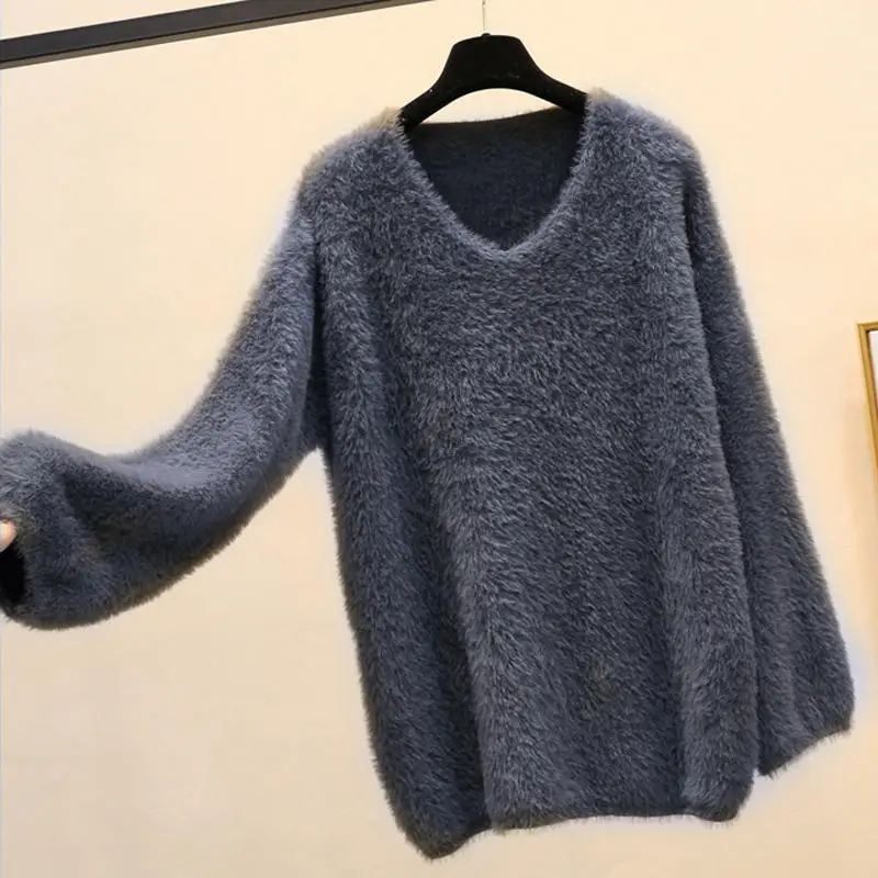 Dark grey Sweater Свитер женский пуловер Свободный осенний и зимний свитер женская одежда джемпер с v-образным вырезом теплый длинный рукав вязаный свитер однотонный Q2141 - Цвет: Dark grey Sweater