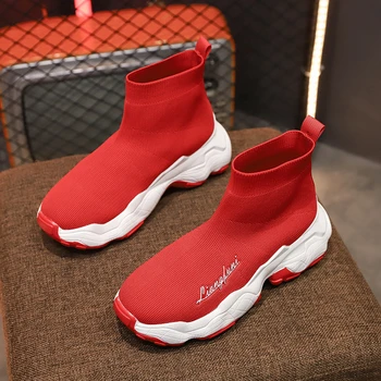 

2020 Women Sock Shoes Fashion Platform Boots Chunky Ankle Boots For Women Brand Slip On Round Toe Black Red Woman Sneakers 5cm
