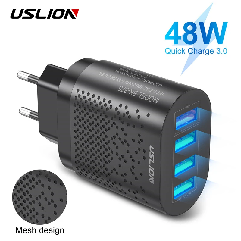 USLION EU/US Plug USB Charger 3A Quik Charge 3.0 Mobile Phone Charger For iPhone 11 Samsung Xiaomi 4 Port 48W Fast Wall Chargers|Mobile Phone Chargers| - AliExpress