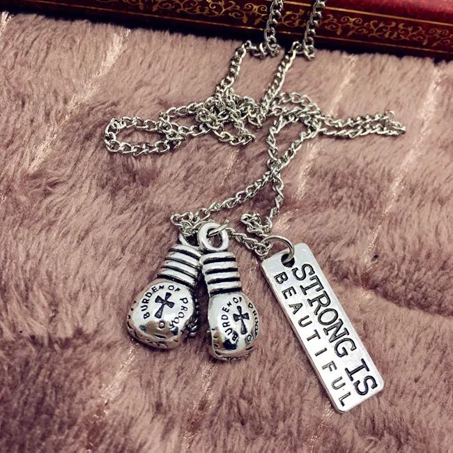 2020 Silver Colour Boxing-Glove Charms Necklace Encourage Words &quotStrong is beautiful&quot Pendant For Men Sport Jewelry Keep Fit |