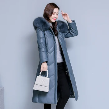 

HANZANGL Down Jacket Women 2020 Winter Slim-fit Fox Fur Collar Sheepskin Leather Fur Coat Warm Female Outerwear blue/black