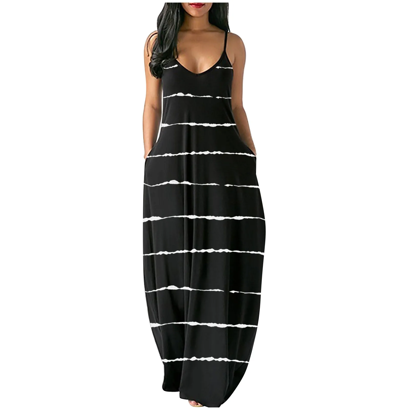 Loose Sexy Long Dress Women Strap Fashion Women's Loose Casual Summer Bandage Striped Print Pocket Sling Sleeveless Dress 2