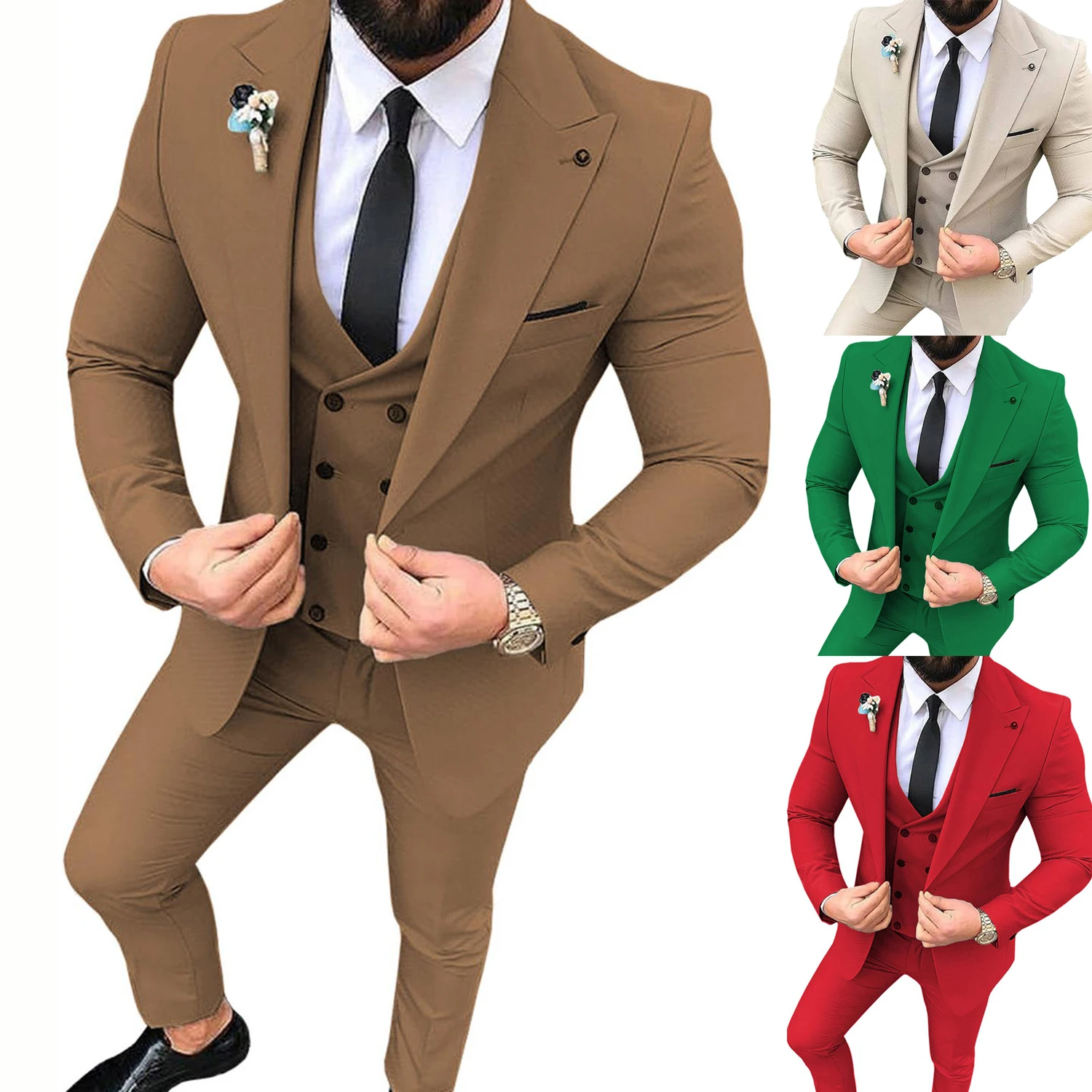 New Formal Brown Men Suit 3 Pieces Tailored Slim Fit Bridegroom Wedding Dress Tuxedo Business Blazer Pink Jacket Vest Pants Set