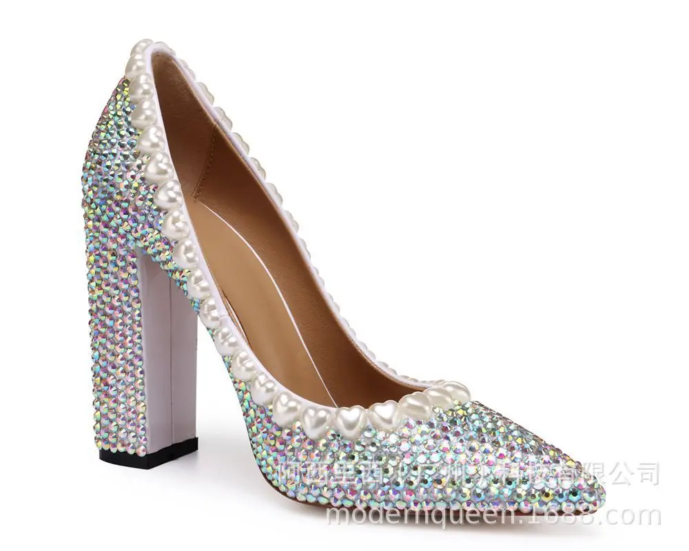 

Wedding Shoes Handmade Order System Pointed Sexy Colored Diamond Shallow Mouth Thick With High Heels