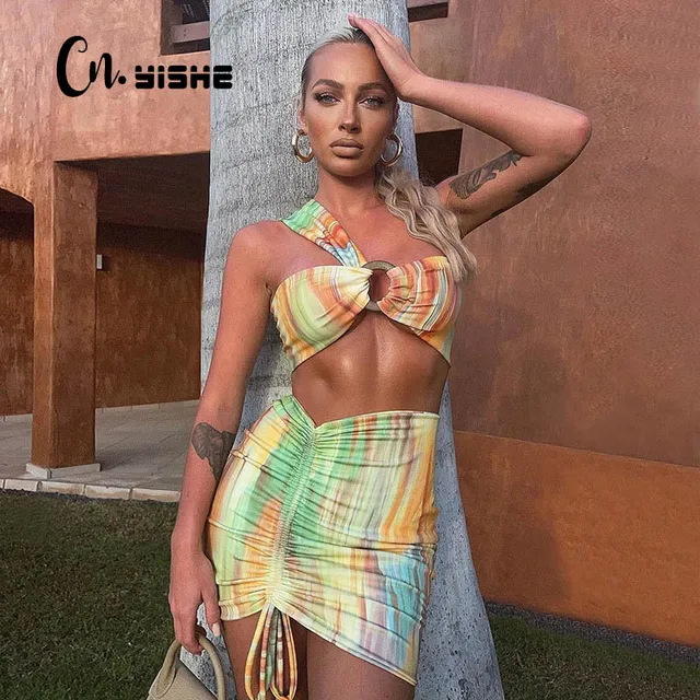 CNYISHE Print Drawstring Two Piece Set Women Backless Sexy Top Bandage Ruched Skirts Matching Set Party Club Outfit Tracksuits 1