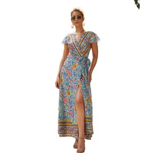 Сексуальное Платье макси с v-образным вырезом и цветочным принтом, бохо, повседневное длинное шифоновое летнее пляжное платье для женщин Vestidos