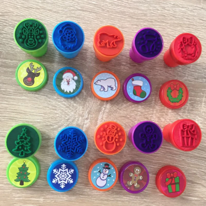 10pcs/Box Christmas Seal Kid DIY Painting Stamps Cartoon Santa Elk Shape Stamp For Xmas Invitations Decoration Christmas Gift