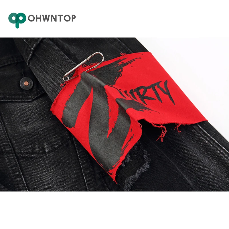 Мужская джинсовая куртка с черными дырками и граффити Повседневная Уличная