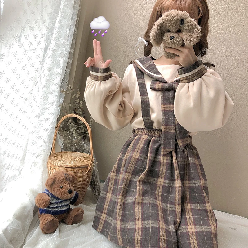Весна, Женский Японский милый студенческий свитер+ клетчатая юбка с высокой талией+ Повседневный Модный комплект в консервативном стиле