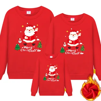 

2020 Christmas Family Matching Outfits Winter Round Neck Cartoon Santa Claus Plus Velvet Parent-child Hoodies for Mom/Dad/Kids
