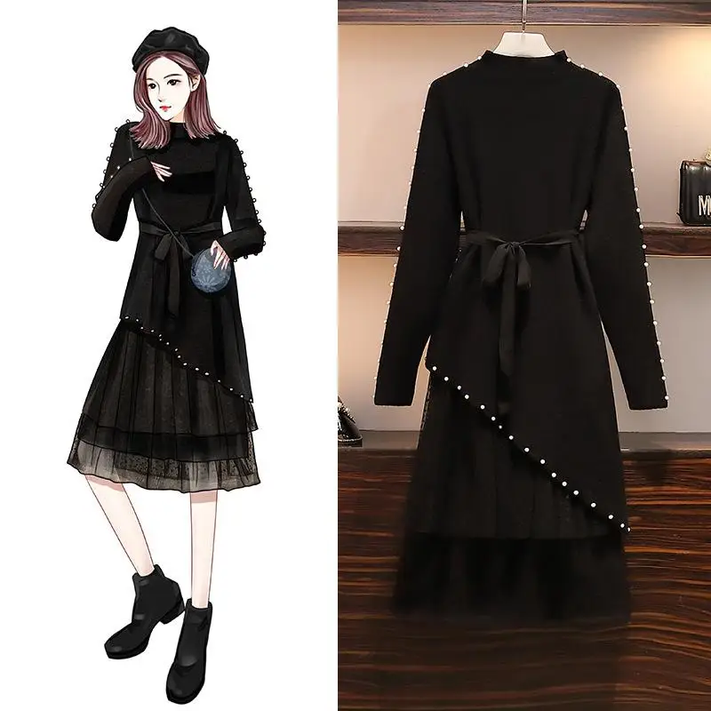 ^*Best Offers Women sweater mesh dress Large size women Elegant winter two-piece set black irregular Top+Long dress plus size Woman clothing