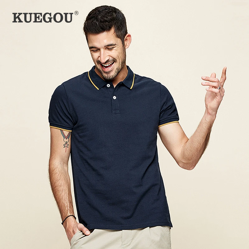 KUEGOU 2021 Summer 100% Cotton Patchwork Polo Shirt Men Fashion Short Sleeve Slim Fit Poloshirt Male Brand Plus Size Clothes 393 | Мужская