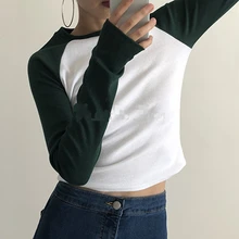 Высокая талия хлопок тонкий эластичный пэчворк женская футболка с длинным рукавом осень круглый вырез женские футболки