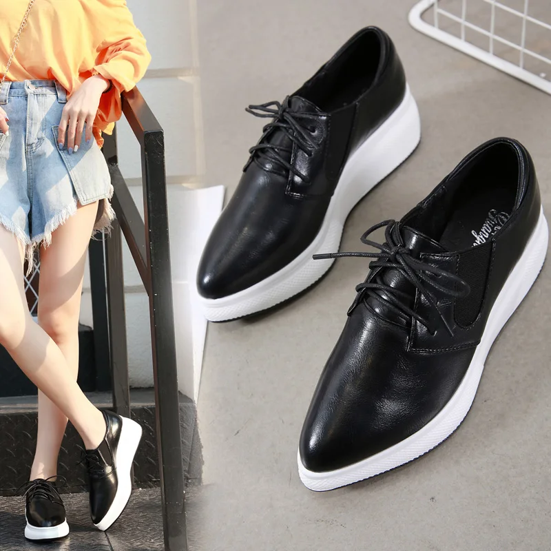 

Shoes Woman Wedges Pump Lace Up Platform Heels Shallow Loafers Leather Pointed Toe Heightening Shoes Zapatos Mujer Black White