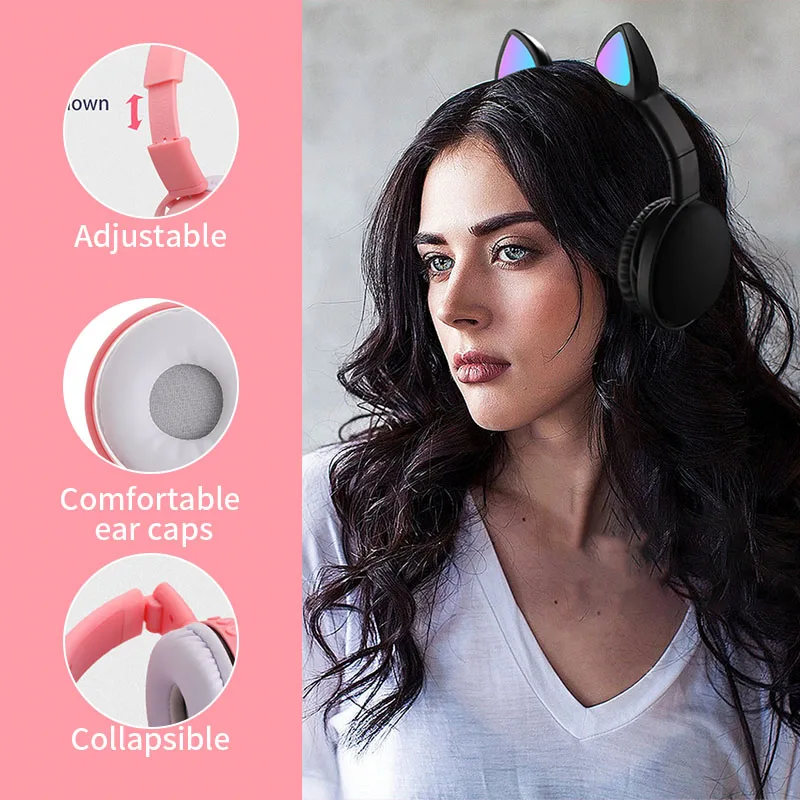 Bluetooth Wireless Headphones 5.0 Led Light Cat Ear Headset Noise Cancelling Stereo Music Headset With Microphone Girl Kid Gifts