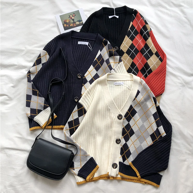 

3 colors 2019 spring and autumn korean style color patchwork V neck plaid knittd cardigans womens sweaters womens (X180)