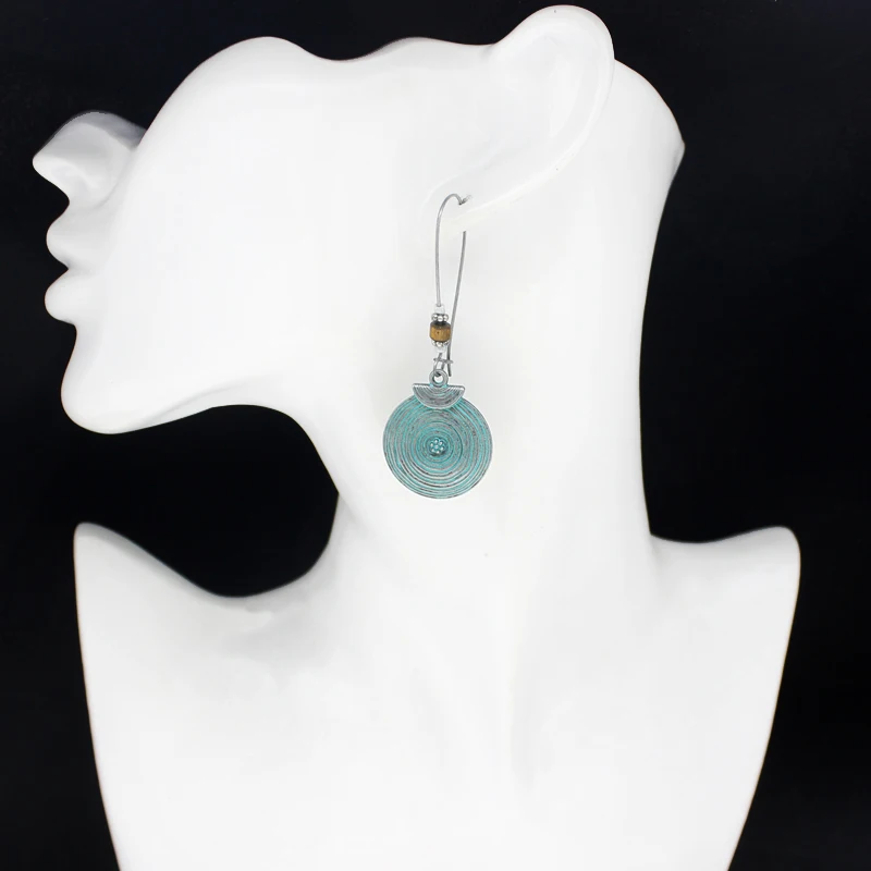 

Retro Blue Circular Spiral Earrings Ethnic Style String Bead Silver Long Pendant Earrings For Women Classical Jewelry Accessory