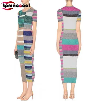 

Tpmaccool luxury designer Women Color Matching Geometric silver thread Short Sleeve Thin Pullover knitted party bodycon dress