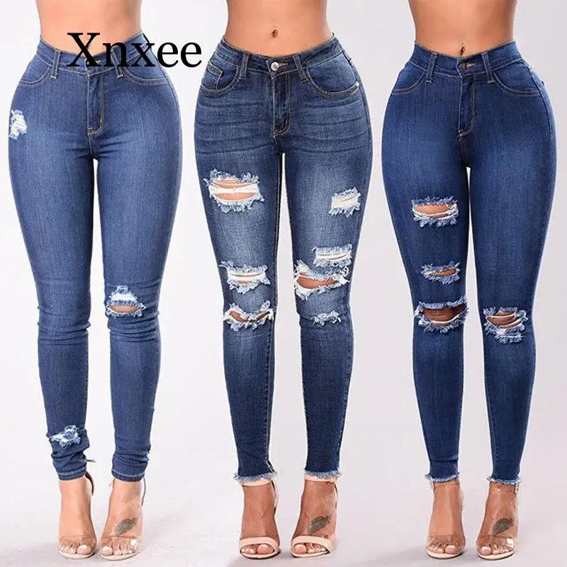 

blue hole long pants denim Casual Womens Ladies High Waisted Skinny Ripped Denim Pants Slim Pencil Jeans Trousers Blue
