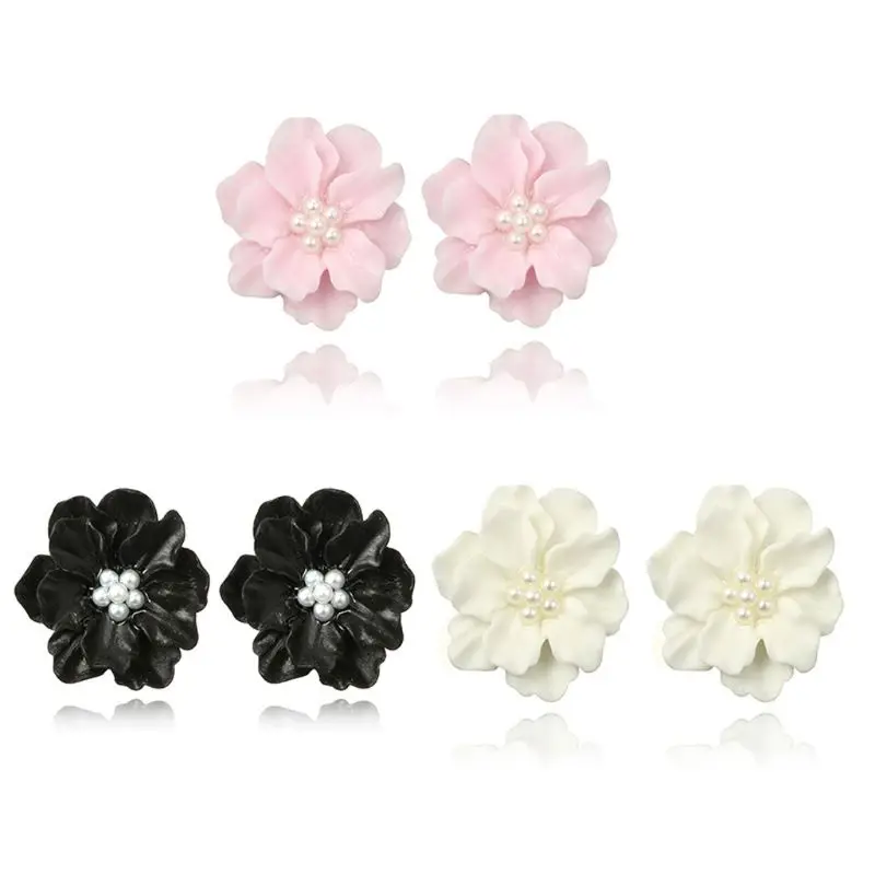 

3 Pairs Camellia Flower Stud Earrings Fashion Jewelry Korean Pearl Earrings