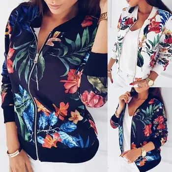 

Plus Size Flower Leaves Print Sports Women Long Sleeve Baseball Jacket Zip Coat
