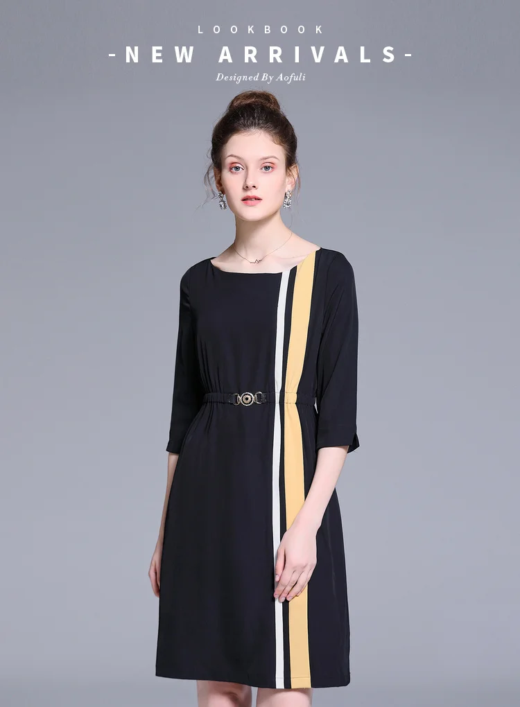 Размер L/XL/XXL женский эластичный пояс платье с коротким рукавом для женщин весна осень элегантные черные платья до колена 21311