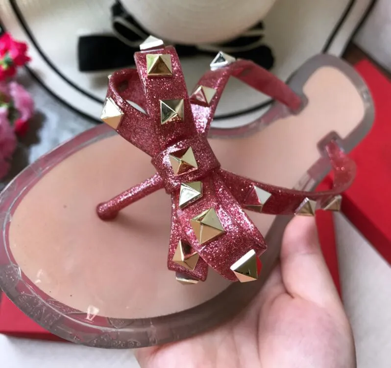 Summer Beach Sandals Woman Flip Flops PVC Slides Female Sandals Rivet Bowknot Slip on Flat with Women Studs Slippers Jelly Shoes