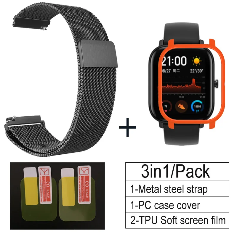 black-orange 3в1 умные аксессуары для часов Ремешок для Amazfit GTS чехол металлический браслет для Huami Amazfit GTS Band Защитная пленка для экрана - Цвет: black-orange