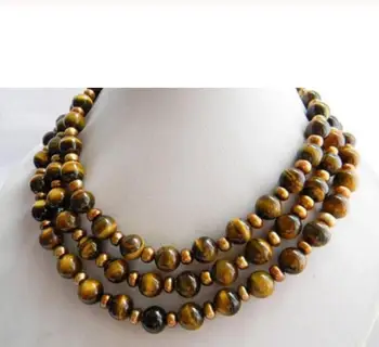 

Free shipping 10mm Round Tiger'-eye & Coffee Pearl Necklace 50"