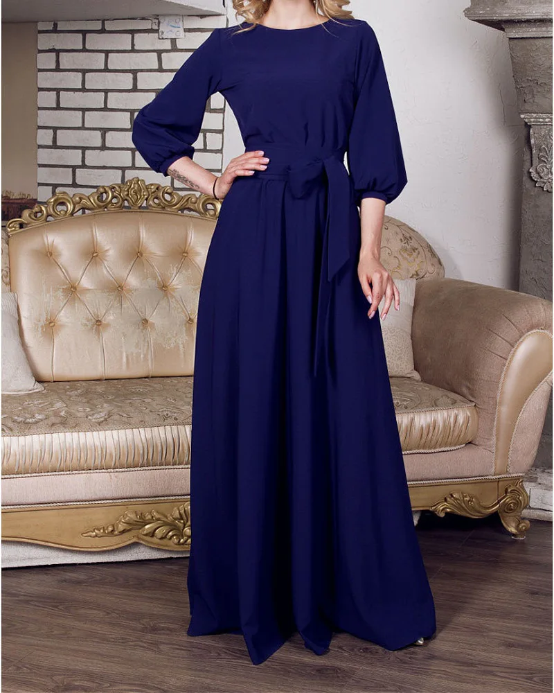 Осеннее элегантное ТРАПЕЦИЕВИДНОЕ Макси платье женское повседневное с круглым вырезом три четверти рукав кружево платье узкое вечернее праздничное длинное платье Vestidos - Цвет: navy blue dress
