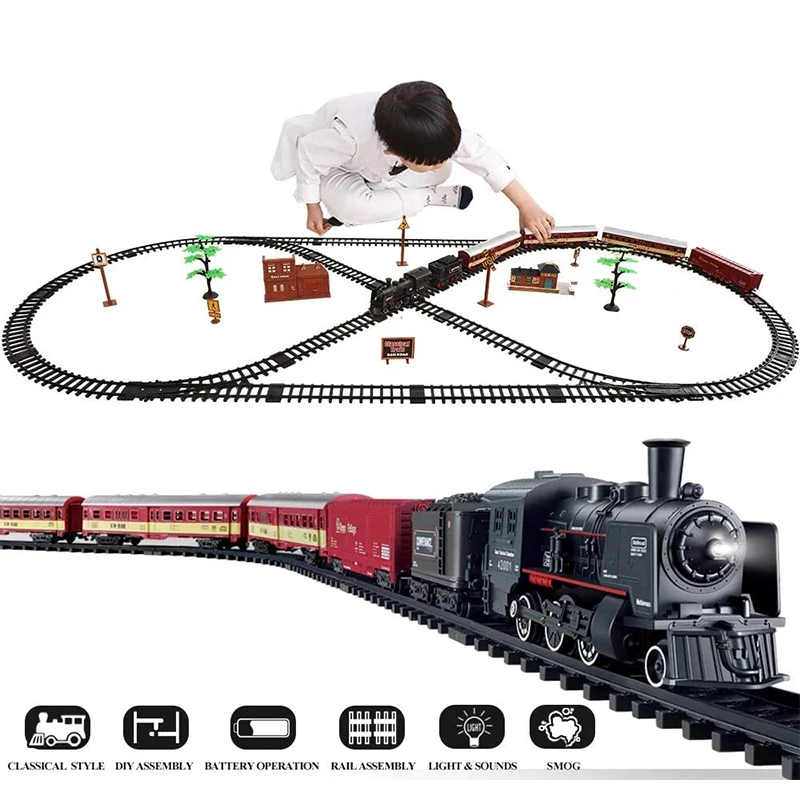 O trem das crianças ajustou o trem modelo a pilhas brinquedos 4 seções trem  a vapor com veículos da carga locomotiva brinquedo educacional - AliExpress