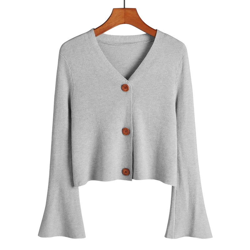 Вязаный женский кардиган с v-образным вырезом, пальто с длинным рукавом, тонкий короткий кардиган с высокой талией, Одноцветный топ с пуговицами