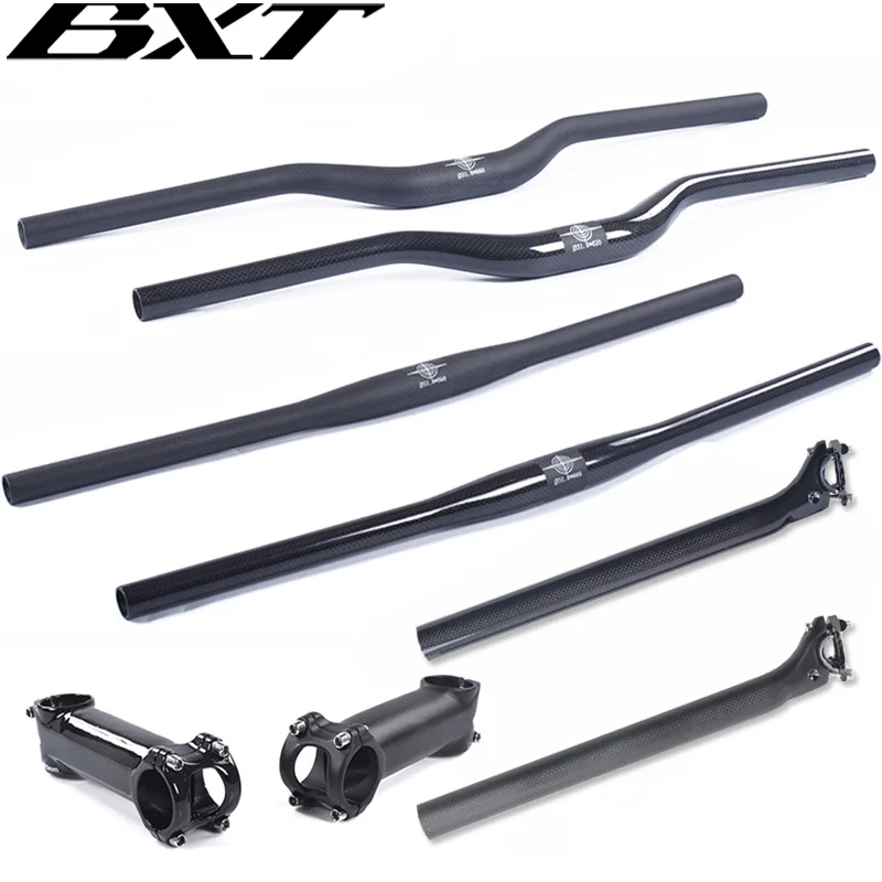 Carbon Fiber MTB Bicycle Parts Set Flat or Riser Handlebar Handlebar + Stem + Seatpost 3K Glossy Matte