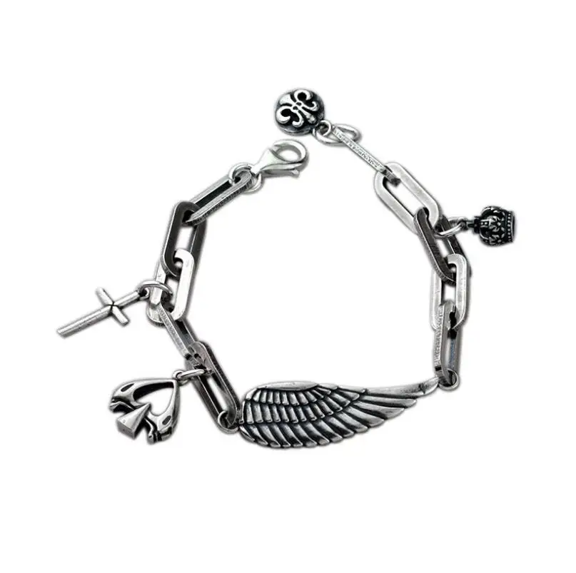 Pure Silver S925 Silver Jewelry Vintage Wing Cross Pendant Link Chain 925 Bracelet(YRT