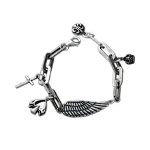 Pure Silver S925 Silver Jewelry Vintage Wing Cross Pendant Link Chain 925 Bracelet(YRT