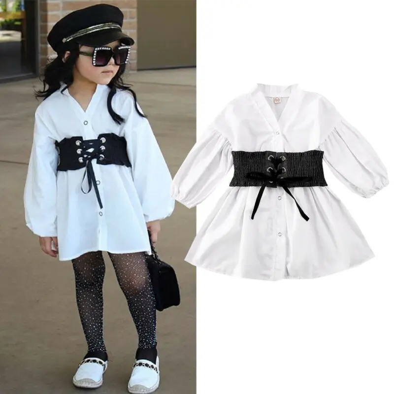 

Toddler Kids Baby Girls Clothes Long Lantern Sleeve Wasit Shirt Dress Outfit Princess Street Drawstring V Neck Bandage Vestidos